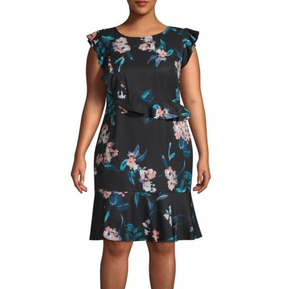 Adrianna Papell Dresses & Skirts - Adrianna Papell Royal Vines Ruffle Floral Black Printed Sheath Dress